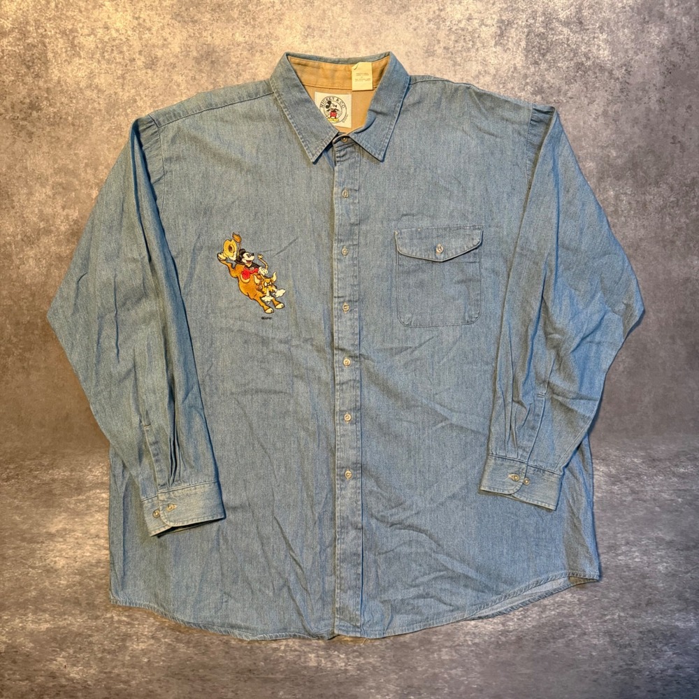 Vtg 90s Mickey & Co Disney Denim Shirt Men 3XL Cowboy Bull Rider Rodeo Button Up
